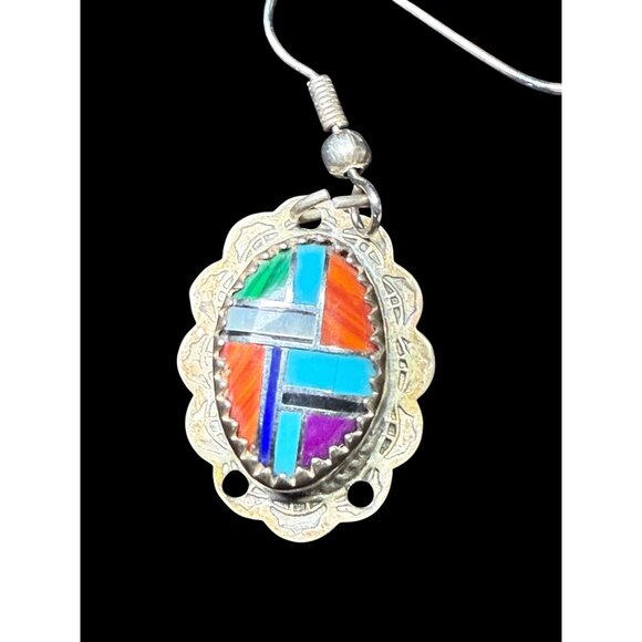 Vtg Sterling Silver Navajo by Dee Morris Multicolor Mosaic Hook Earrings SIGNED - Picture 2 of 7